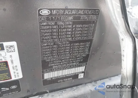 2019 Land Rover Range Rover 3.0L V6 Supercharged Hse z USA, uszkodzony, nr VIN SALGS2SV0KA537745